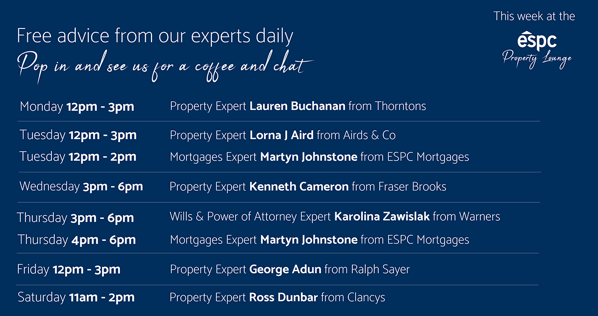 A rota of experts available in the ESPC property lounge this week